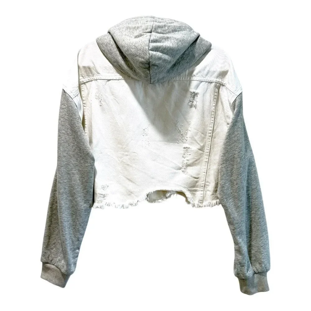 NWOT Dance & Marvel White Gray, Raw Hem, Crop Detachable Hoodie, Denim Jacket, - Picture 8 of 15